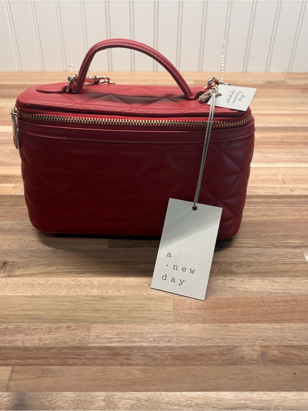 a new day Quilted Red Top-Handle Cosmetic Case with Gold Zipper